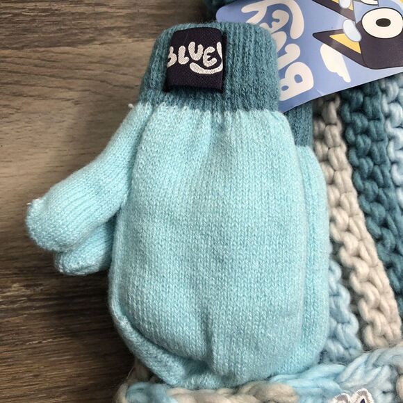 New Disney Bluey Knit Beanie & Mittens Set Toddler 2T-5T Boy Girl Pom Pom Blue - Picture 3 of 8
